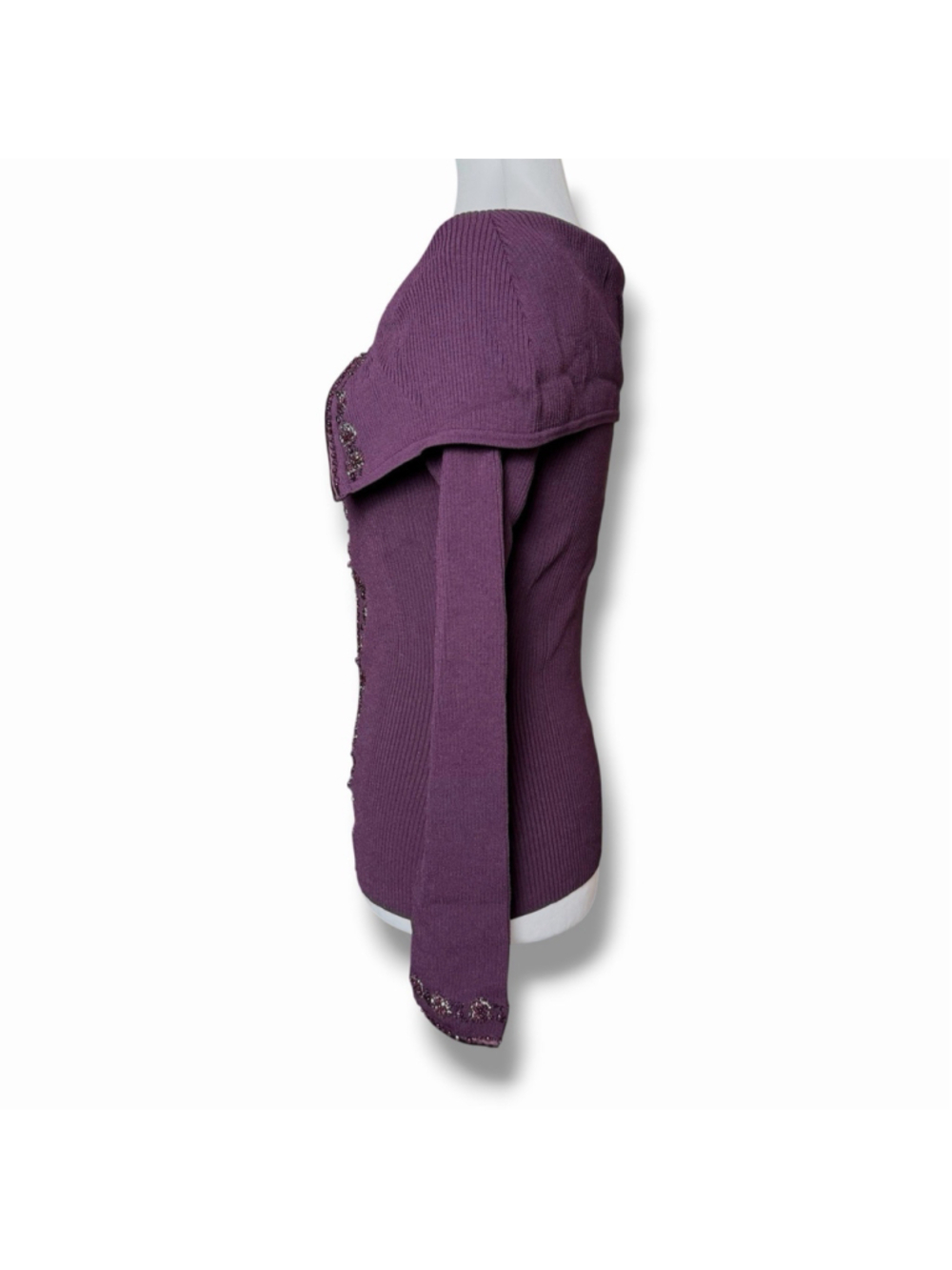 Cache Y2K 90s Purple M Gabrielle Solis Off Shoulder Beaded Zip Up Sweater Ribbed - Picture 5 of 16